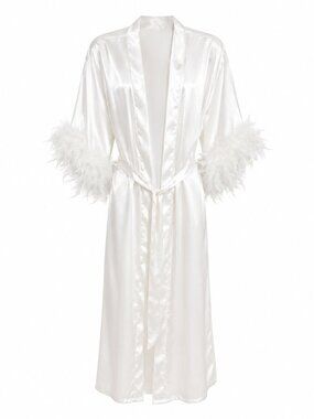 White Satin Feather Trim Bridal Robe Long Kimono Wedding Getting Ready Small